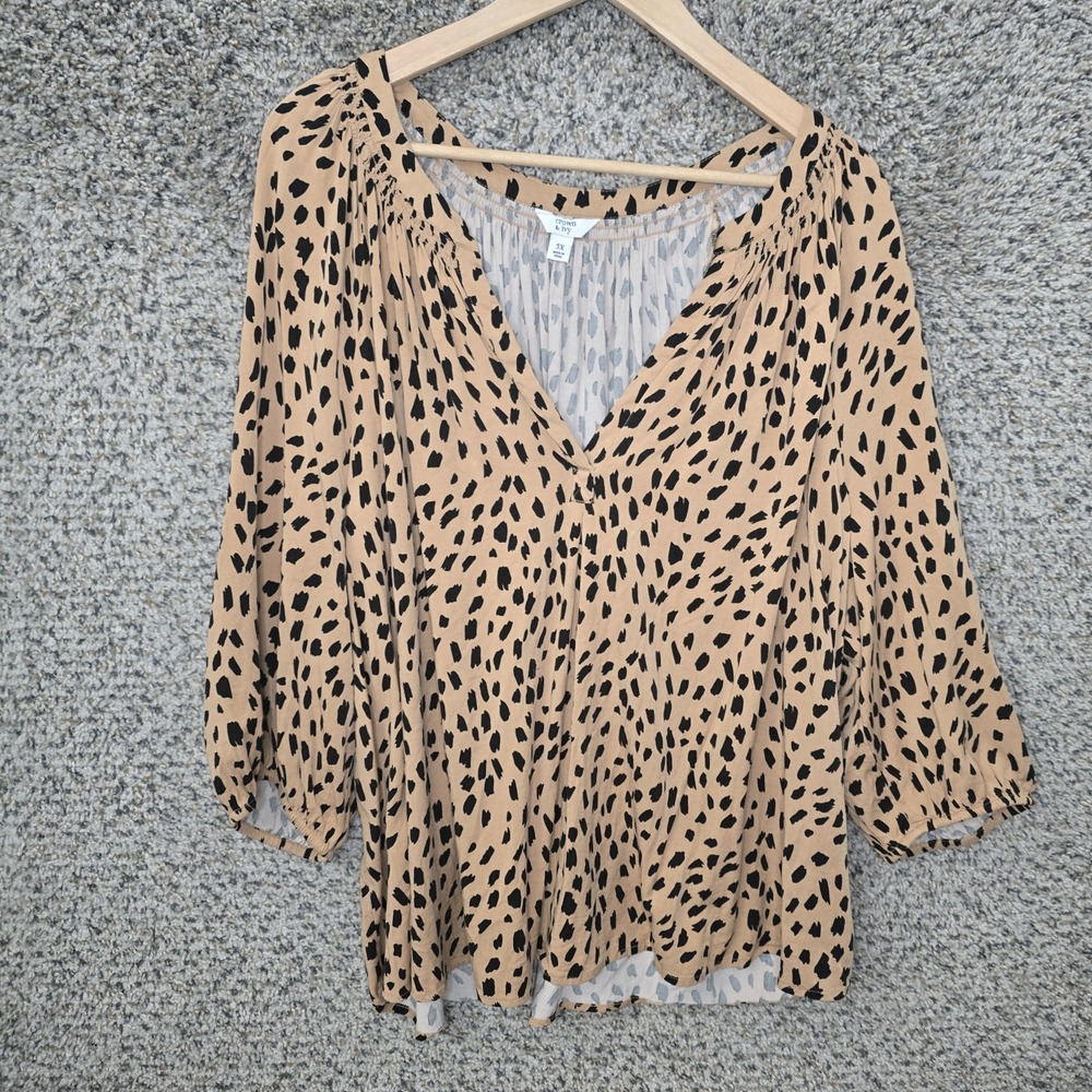 Crown & Ivy Top Womens Plus 3X Brown Animal Print V Neck Peasant Blouse Ladies